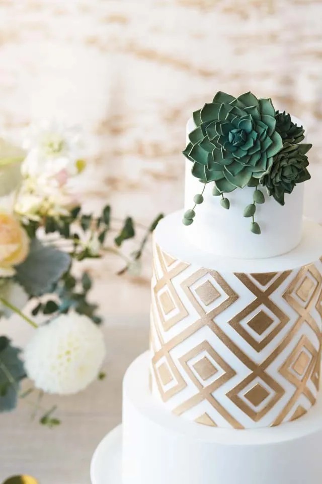 White & Gold Geometric Wedding Cake with Succulents