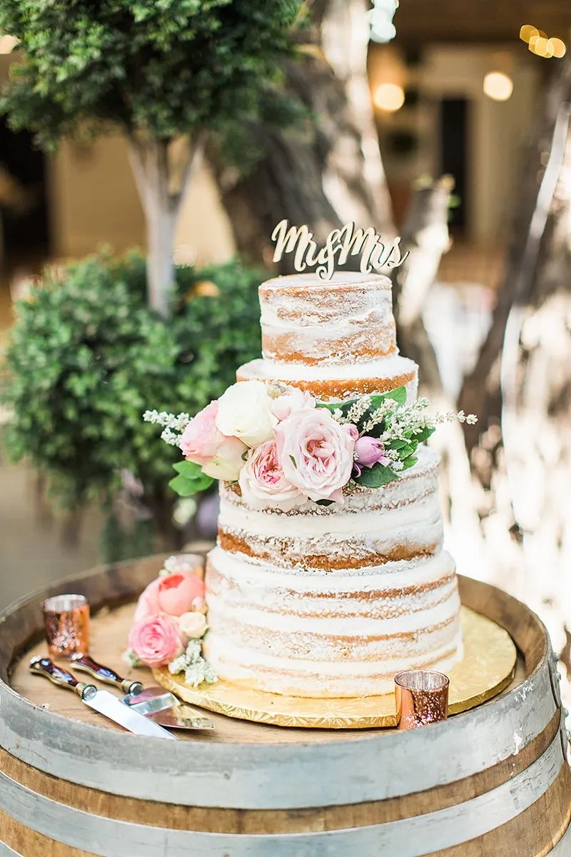 Towering Naked Cake with A Wooden ‘Mr & Mrs