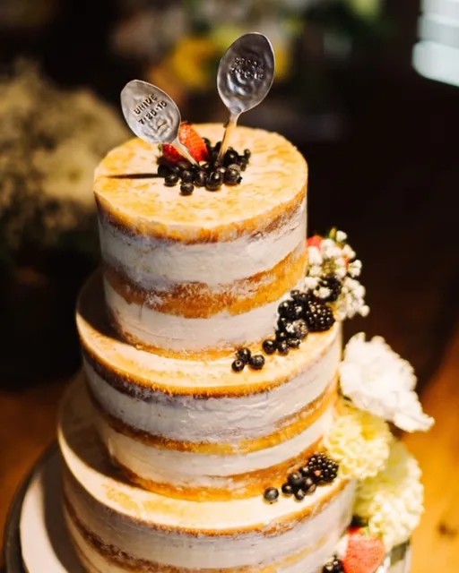 Naked Wedding Cake with Berries & Spoon Cake Toppers