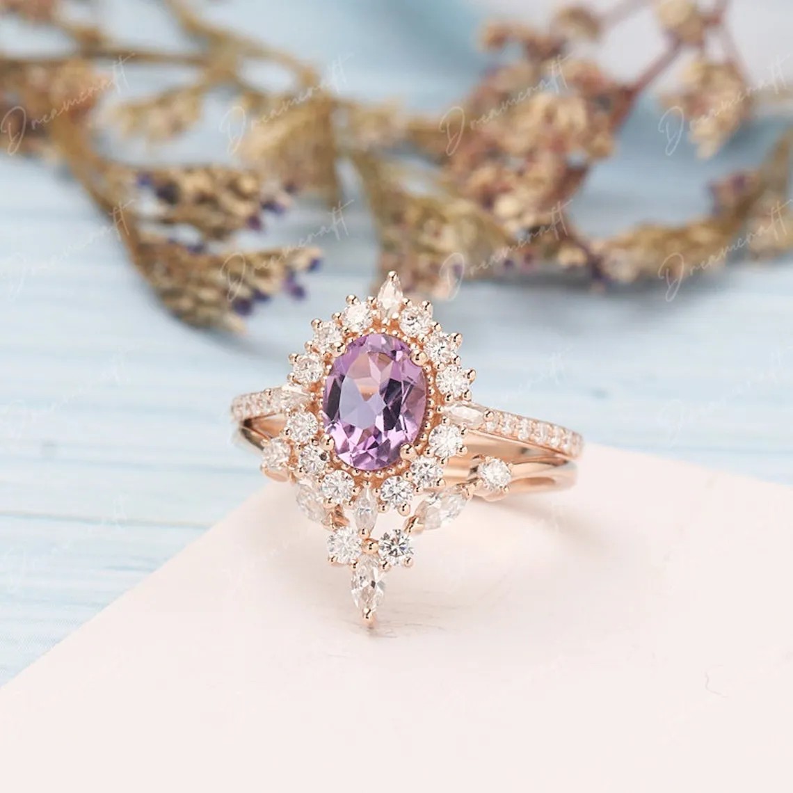 Amethyst Halo Engagement Ring Set