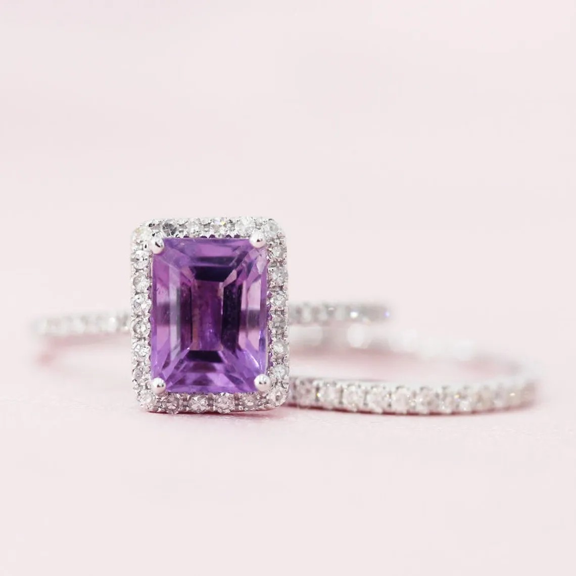 Emerald-cut Amethyst & Diamond Engagement Ring