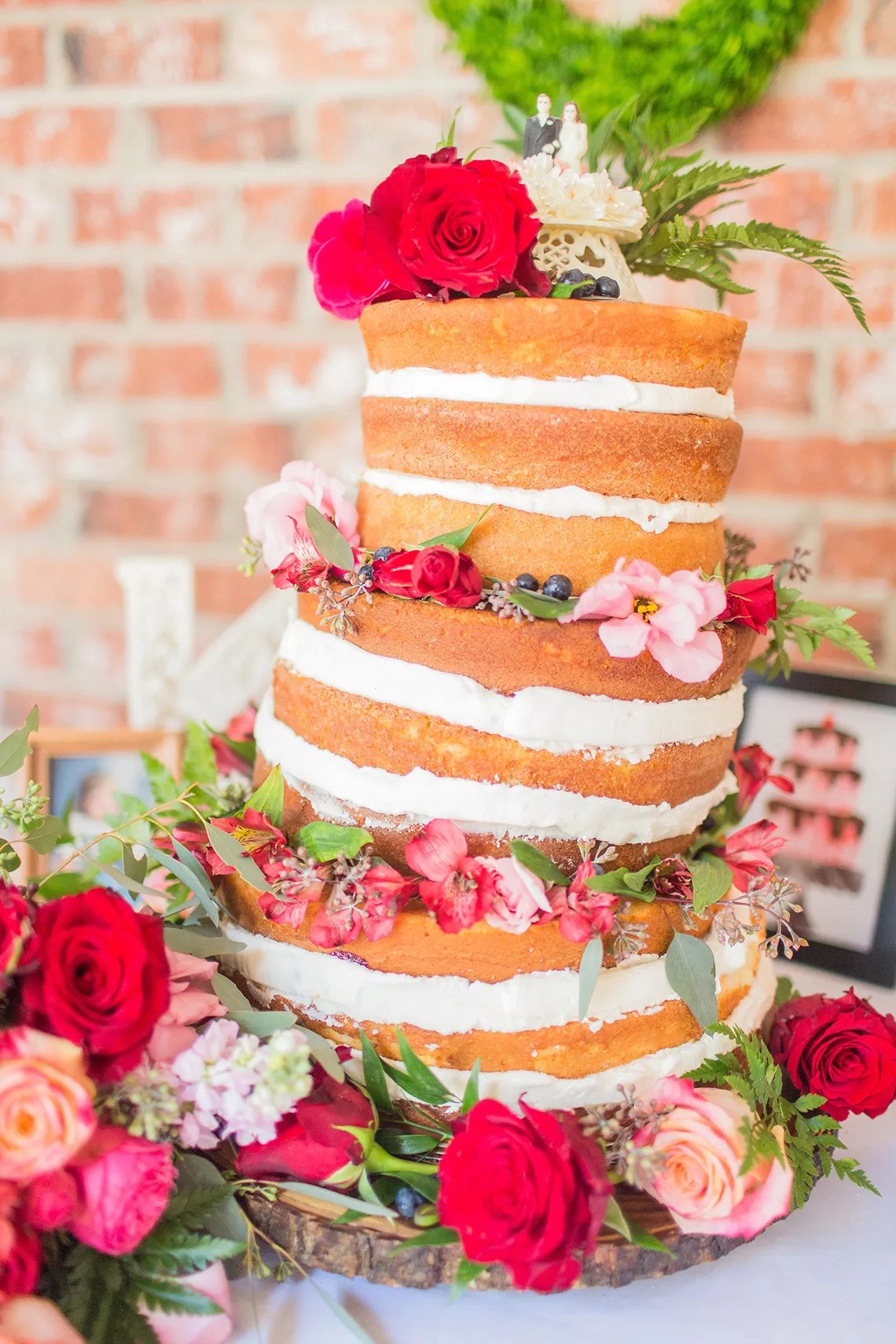 Tilted Tall Naked Cake with Pink & Red Florals