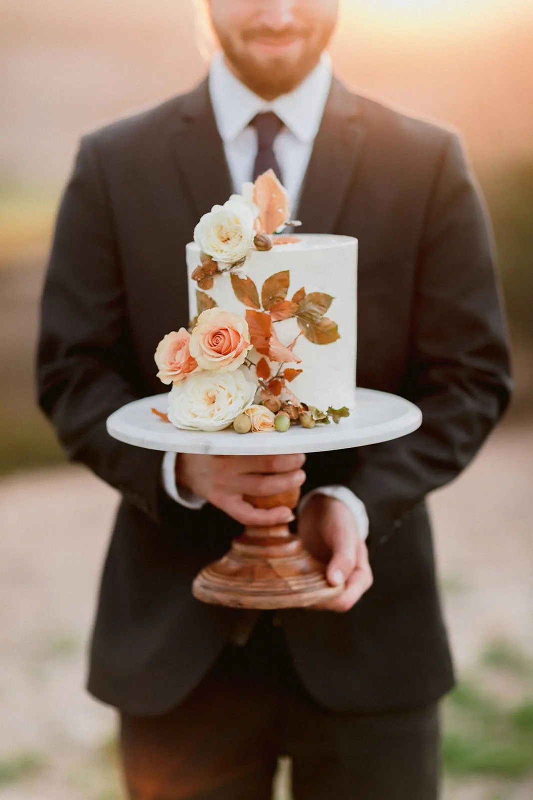 Mini White Wedding Cake with Gold Leaves & Blush Florals