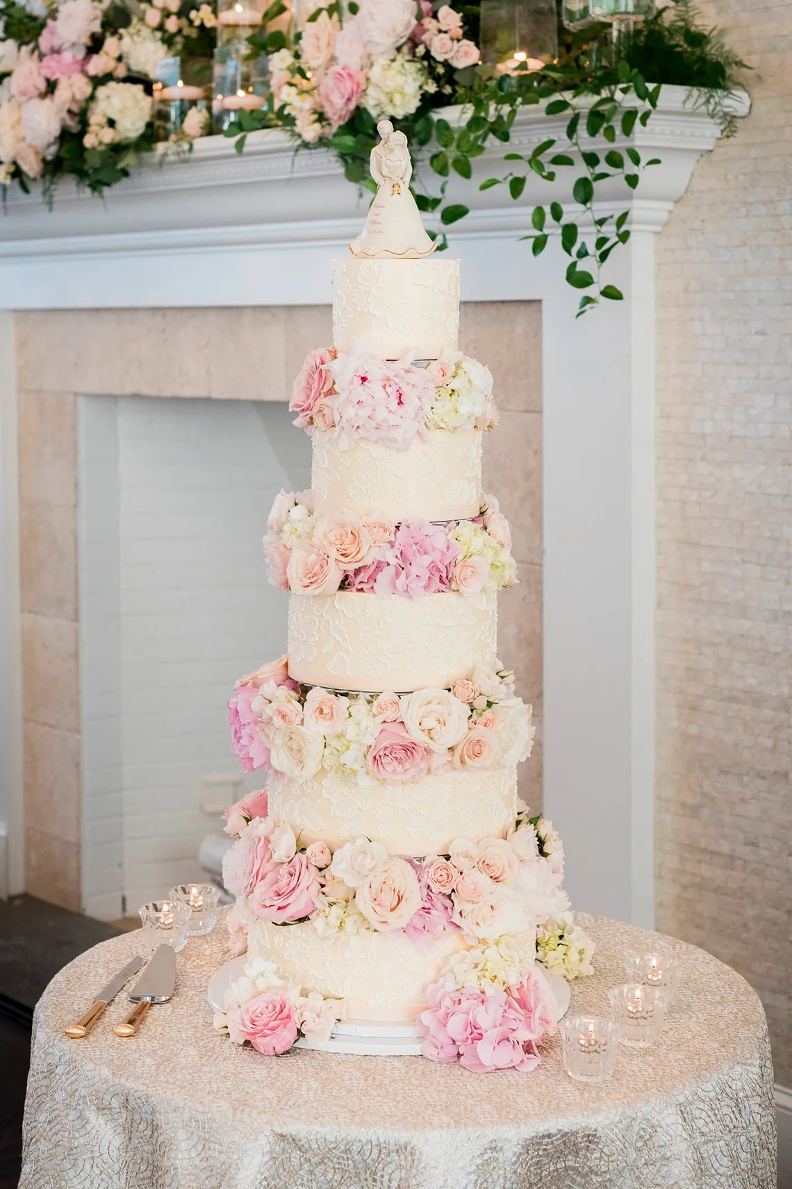 Tall Tiered Lace Wedding Cake with Layers of Roses