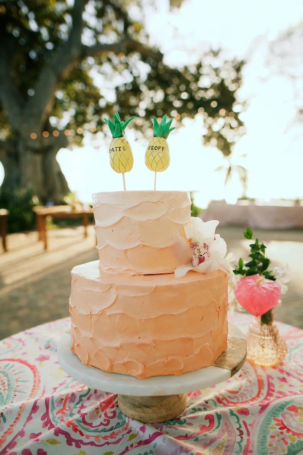 Peach Ombre Wedding Cake with Pineapple Toppers